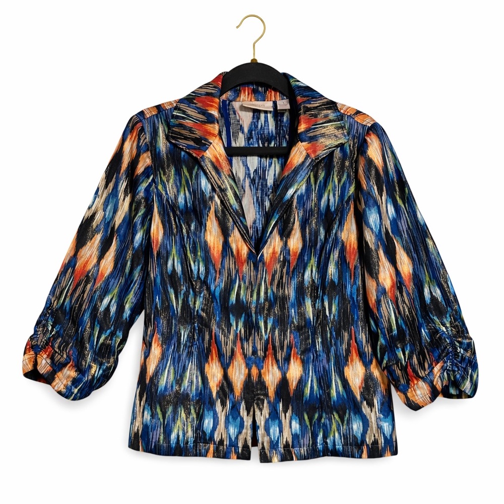 Chico’s Ikat Linen Blend Blazer Metallic Gold Sheen Hook Eye Jacket M (1) Artsy